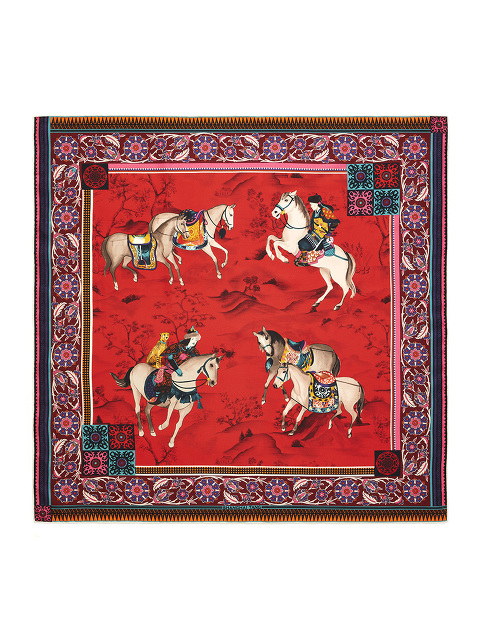 Mongolian Horsemen Print Silk Foulard 90