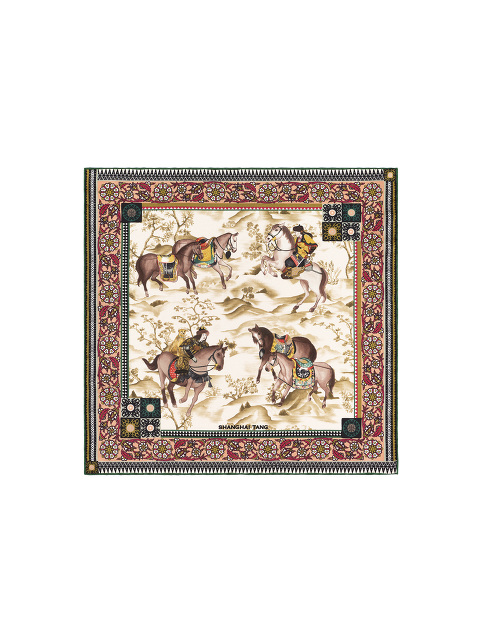 Mongolian Horsemen Print Silk Pocket Square
