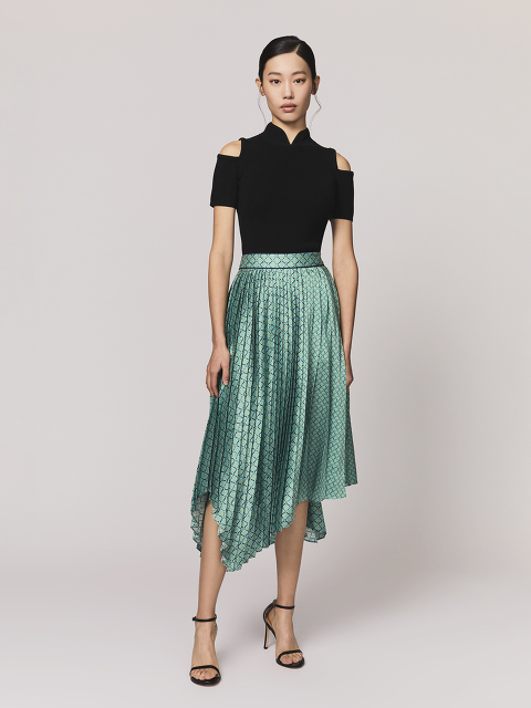 Geometric Sprout Print Pleated Skirt