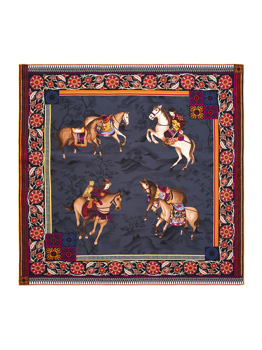 Mongolian Horsemen Print Silk Foulard 90